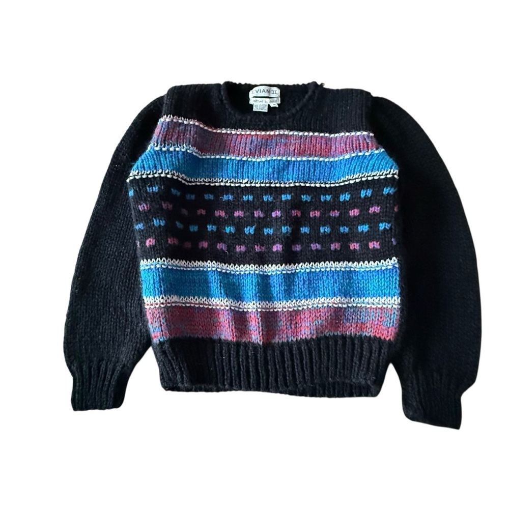 Evian II Hand Knit Vintage 80s Acrylic Black Pink Chunky Pullover Sweater Medium